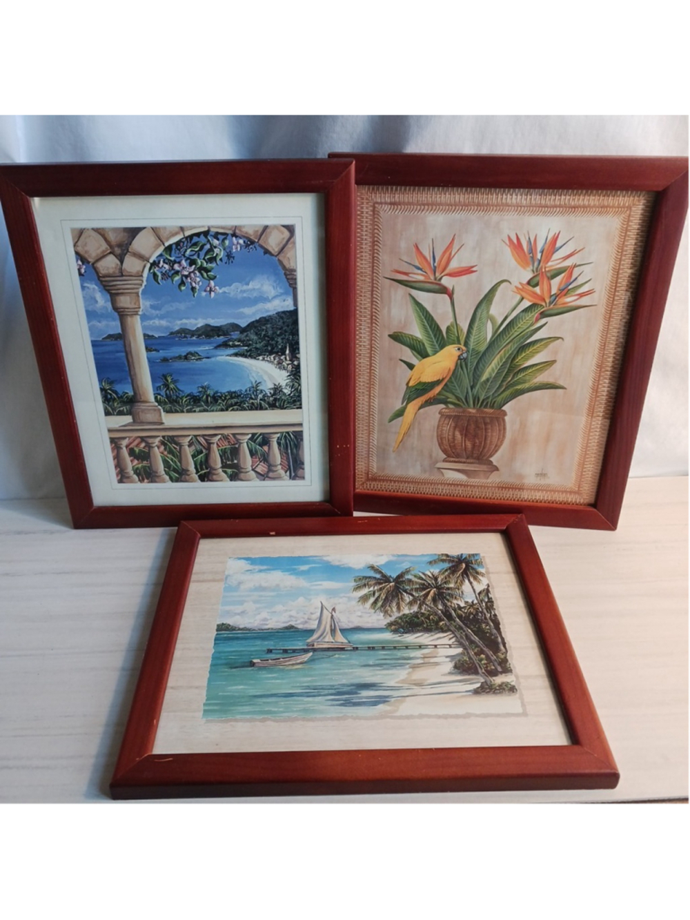 Set Of 3 Framed Tropical Ocean Prints Beach Lanai Bird Of Paradise Villa Boat